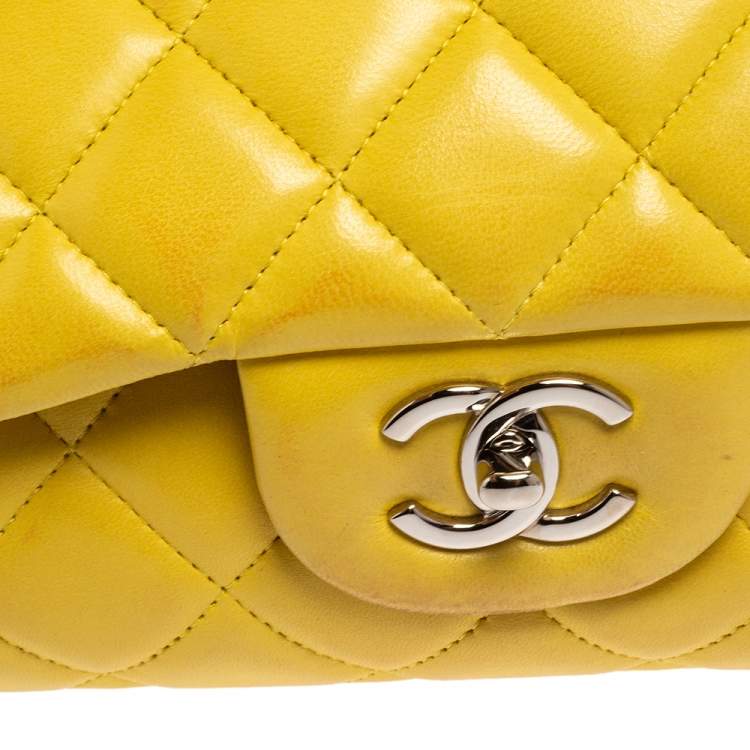 Pre Owned Chanel Yellow Quilted Lambskin Leather Maxi Classic Single Flap Bag