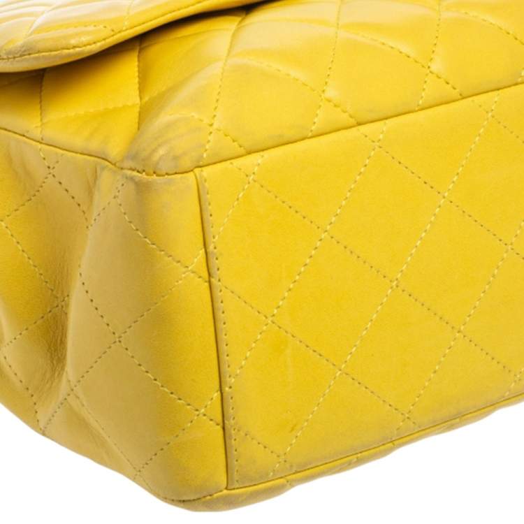 Pre Owned Chanel Yellow Quilted Lambskin Leather Maxi Classic Single Flap Bag