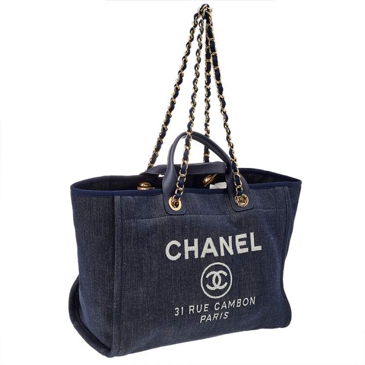 Pre Owned Chanel Navy Blue Denim Large Deauville Shopping Tote