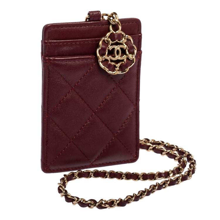 Pre Owned Chanel Dark Red Quilted Leather Infinity Lanyard ID Card Holder