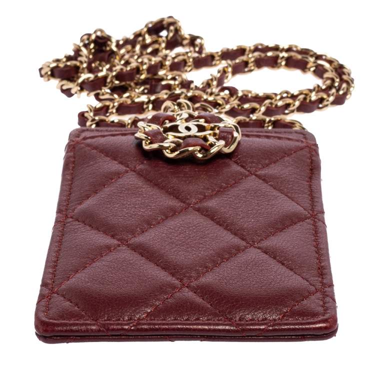 Pre Owned Chanel Dark Red Quilted Leather Infinity Lanyard ID Card Holder