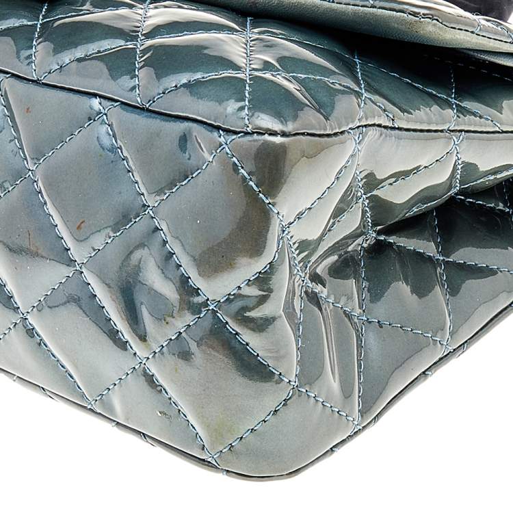 Pre Owned Chanel Green Quilted Patent Leather Reissue 2.55 Classic 227 Flap Bag