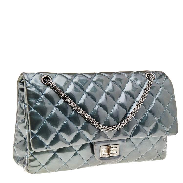 Pre Owned Chanel Green Quilted Patent Leather Reissue 2.55 Classic 227 Flap Bag