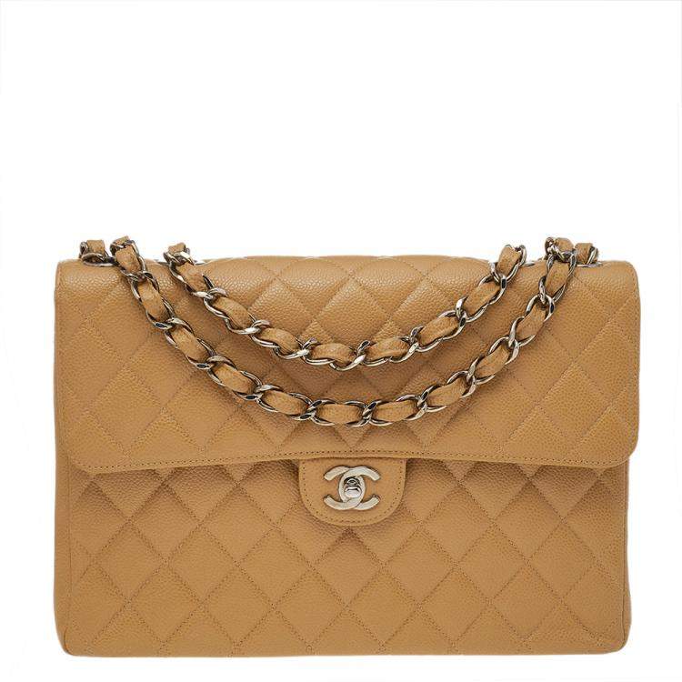 Chanel Beige Quilted Caviar Leather Jumbo Vintage Classic Single Flap Bag  Chanel