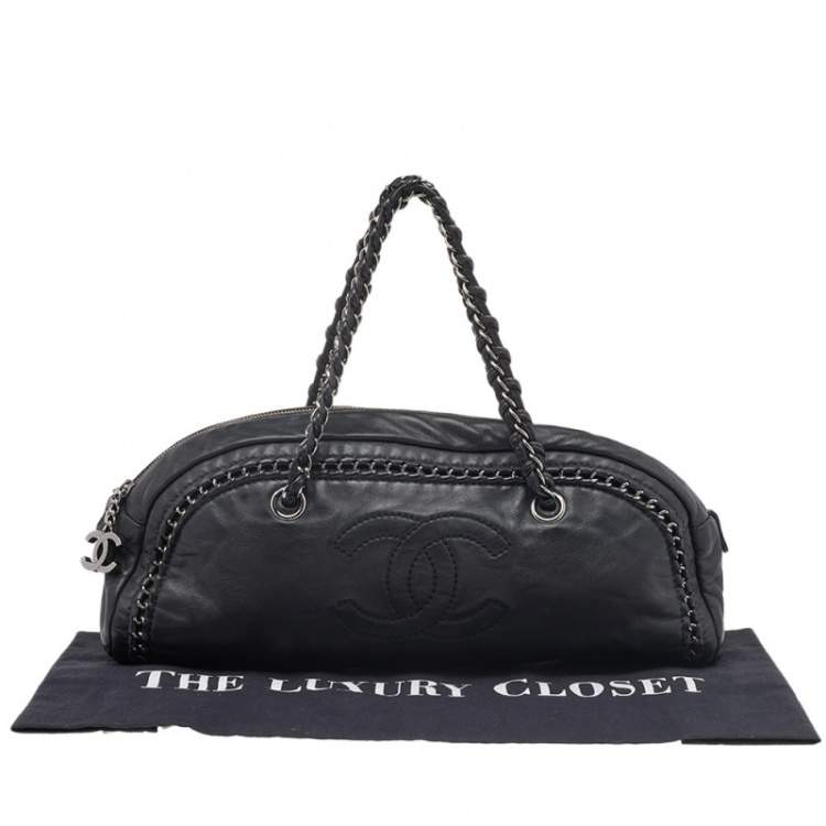 Pre Owned Chanel Black Leather Chain Trim Luxe Ligne Bowler Boston Bag