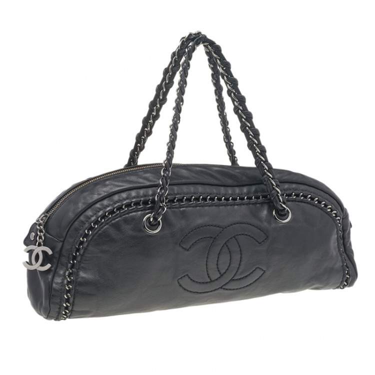 Pre Owned Chanel Black Leather Chain Trim Luxe Ligne Bowler Boston Bag