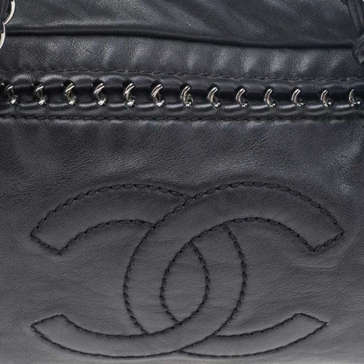 Pre Owned Chanel Black Leather Chain Trim Luxe Ligne Bowler Boston Bag