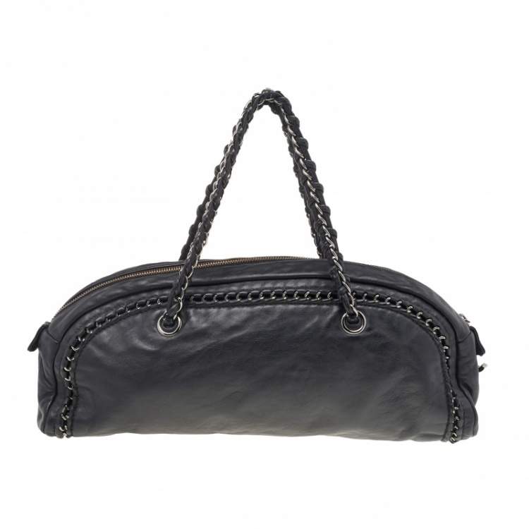 Pre Owned Chanel Black Leather Chain Trim Luxe Ligne Bowler Boston Bag