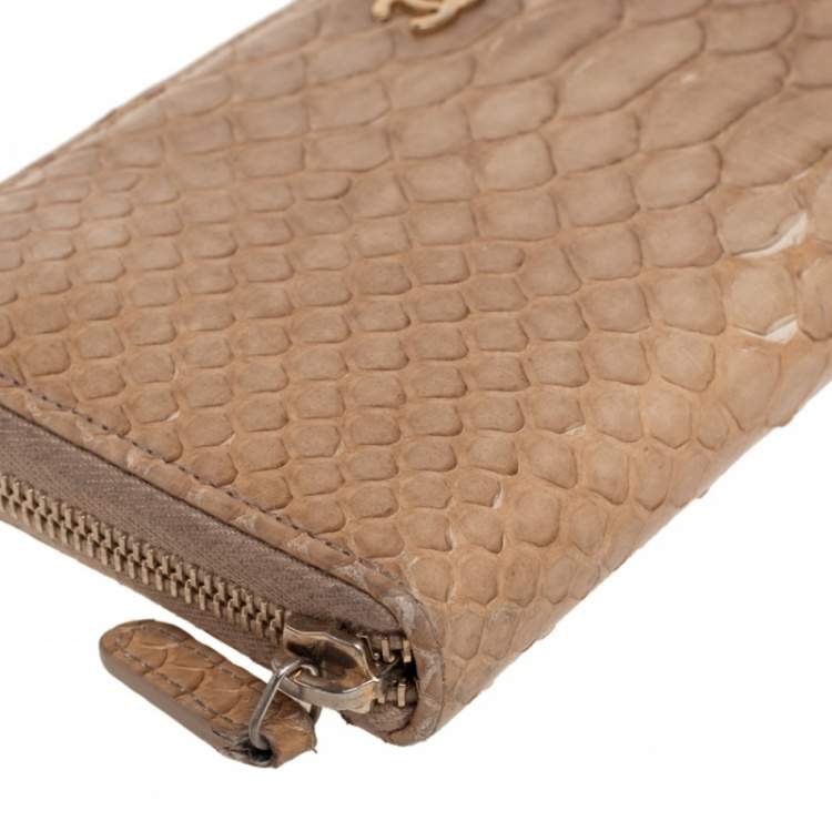 Pre Owned Chanel Beige Python Zip Around Wallet