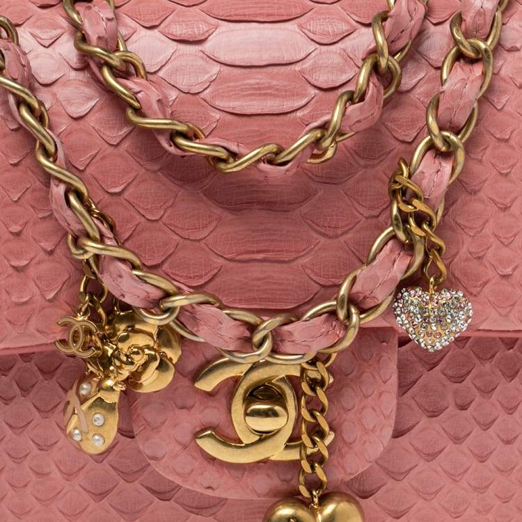 Pre Owned Chanel Pink Python Small Valentine Classic Single Flap Bag