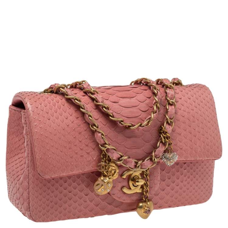 Pre Owned Chanel Pink Python Small Valentine Classic Single Flap Bag