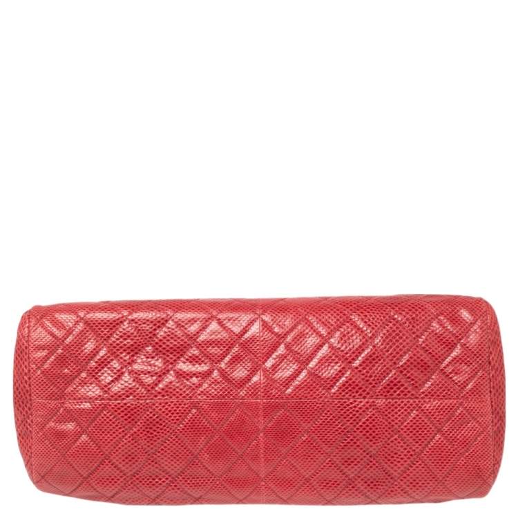 Pre Owned Chanel Red Quilted Lizard Leather Medium Just Mademoiselle Bowling Bag