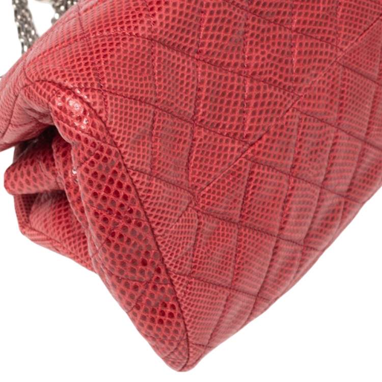 Pre Owned Chanel Red Quilted Lizard Leather Medium Just Mademoiselle Bowling Bag