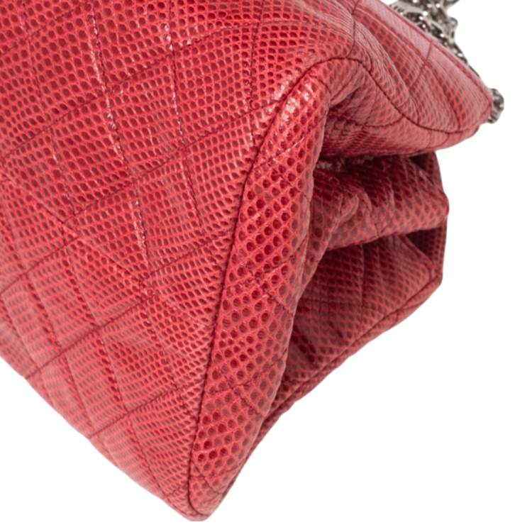 Pre Owned Chanel Red Quilted Lizard Leather Medium Just Mademoiselle Bowling Bag