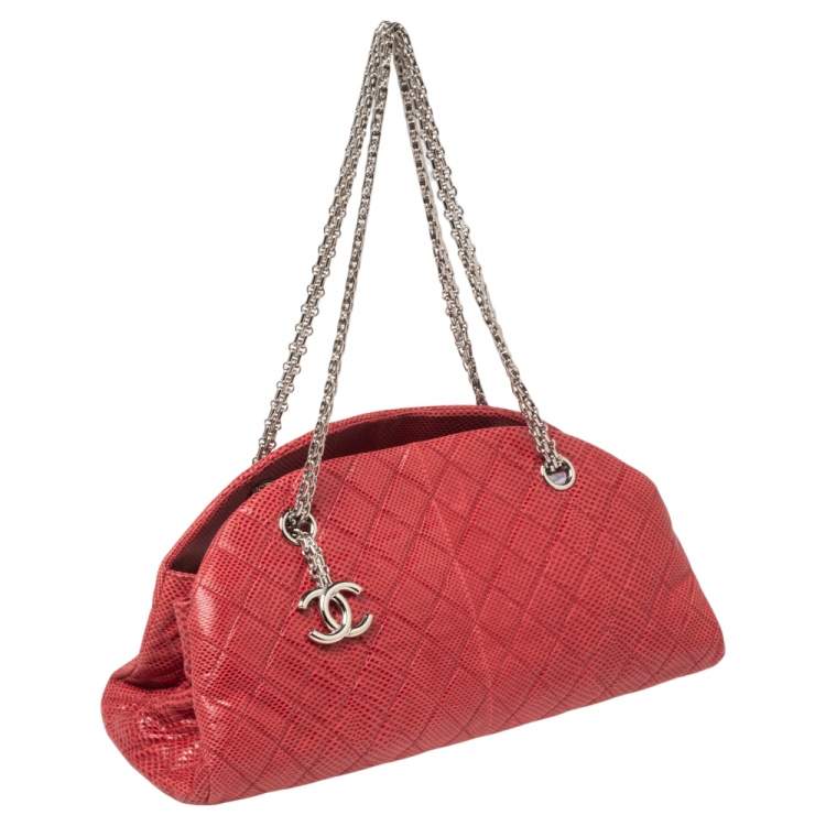 Pre Owned Chanel Red Quilted Lizard Leather Medium Just Mademoiselle Bowling Bag