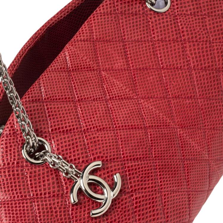 Pre Owned Chanel Red Quilted Lizard Leather Medium Just Mademoiselle Bowling Bag