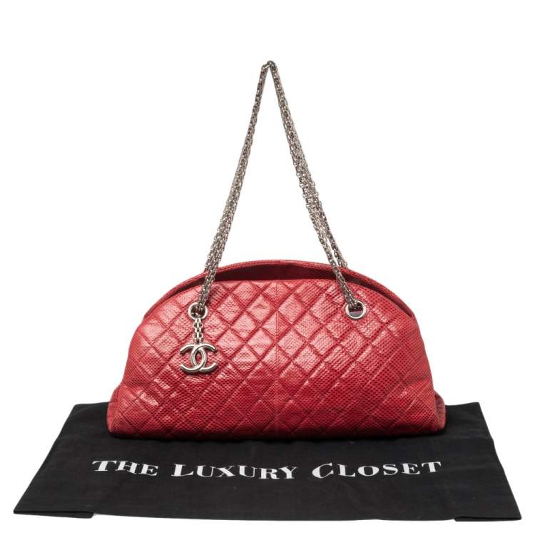 Pre Owned Chanel Red Quilted Lizard Leather Medium Just Mademoiselle Bowling Bag
