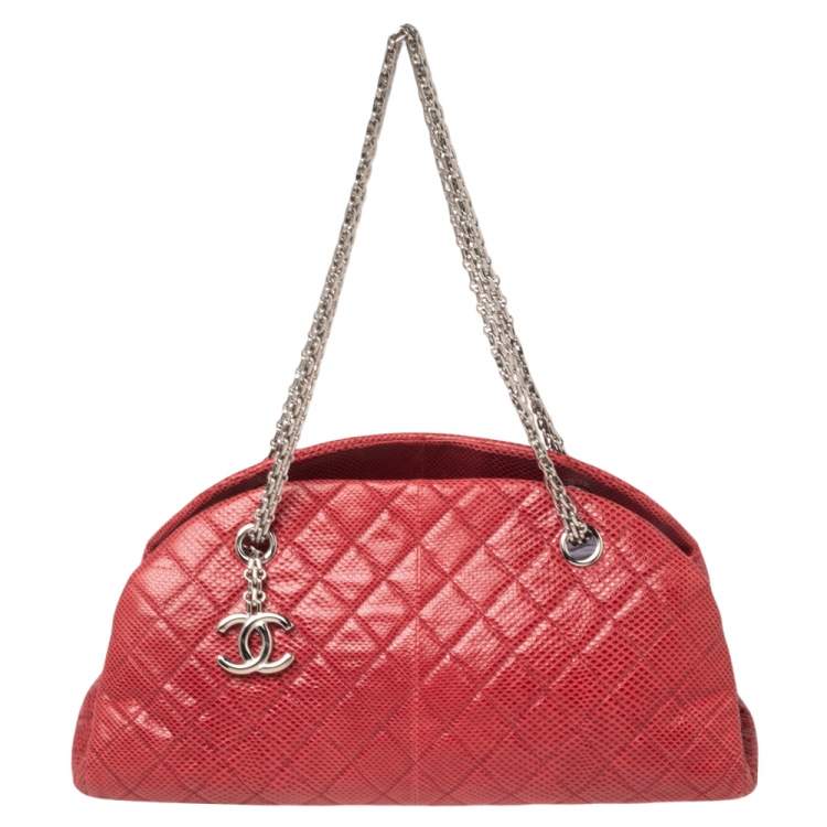 Pre Owned Chanel Red Quilted Lizard Leather Medium Just Mademoiselle Bowling Bag