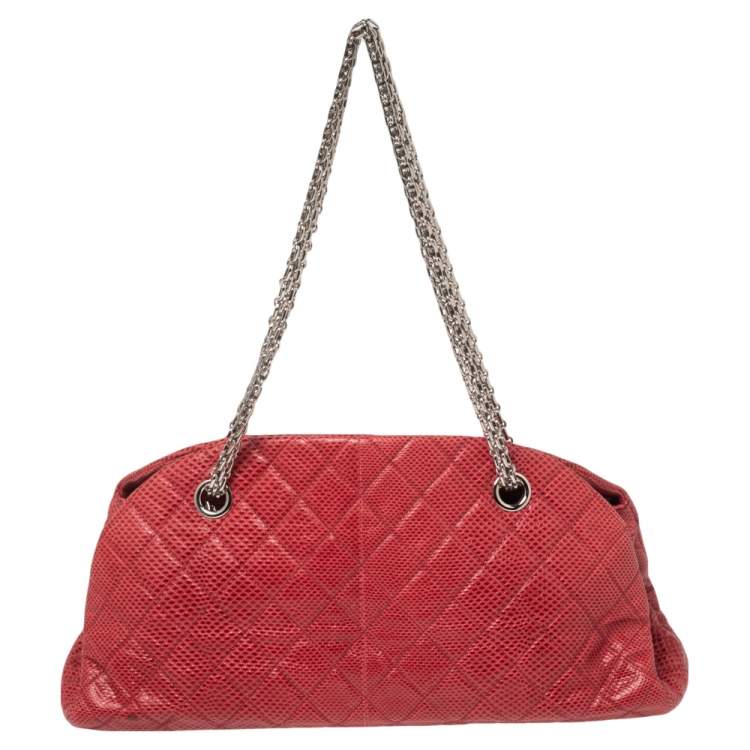 Pre Owned Chanel Red Quilted Lizard Leather Medium Just Mademoiselle Bowling Bag