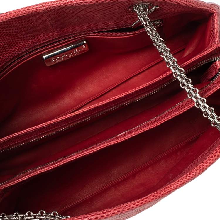 Pre Owned Chanel Red Quilted Lizard Leather Medium Just Mademoiselle Bowling Bag
