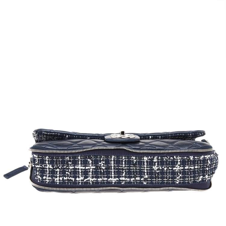 Pre Owned Chanel Navy Blue Quilted Leather And Tweed Classic Single Flap Bag