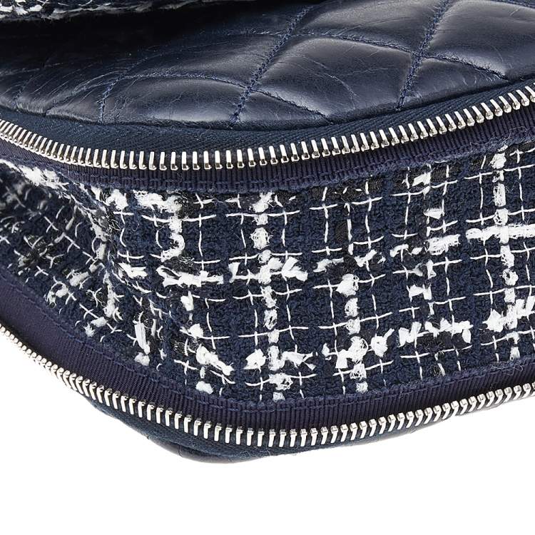 Pre Owned Chanel Navy Blue Quilted Leather And Tweed Classic Single Flap Bag
