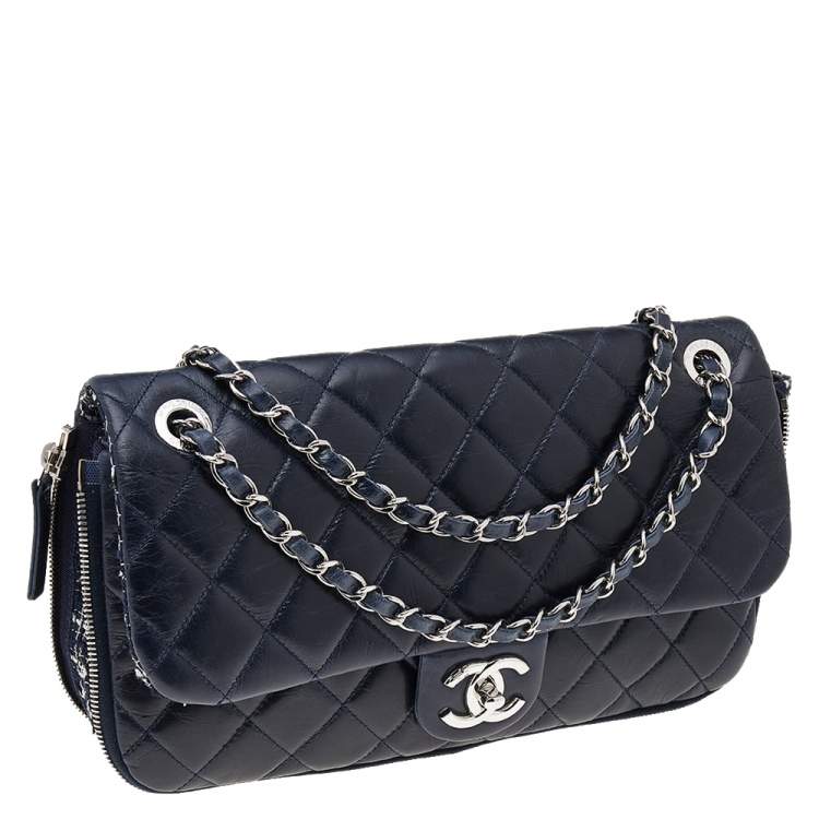 Pre Owned Chanel Navy Blue Quilted Leather And Tweed Classic Single Flap Bag