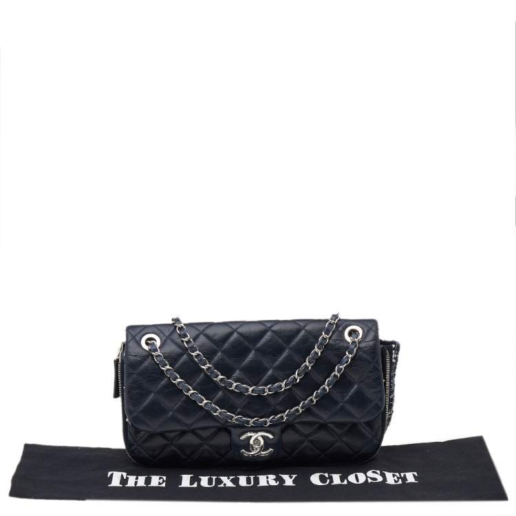 Pre Owned Chanel Navy Blue Quilted Leather And Tweed Classic Single Flap Bag
