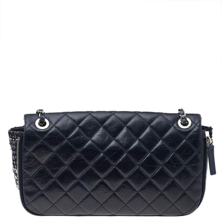 Pre Owned Chanel Navy Blue Quilted Leather And Tweed Classic Single Flap Bag