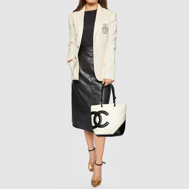 CHANEL Calfskin Quilted Small Cambon Tote Black White 69453