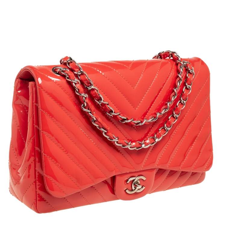 Pre Owned Chanel Coral Chevron Patent Leather Jumbo Classic Flap Bag