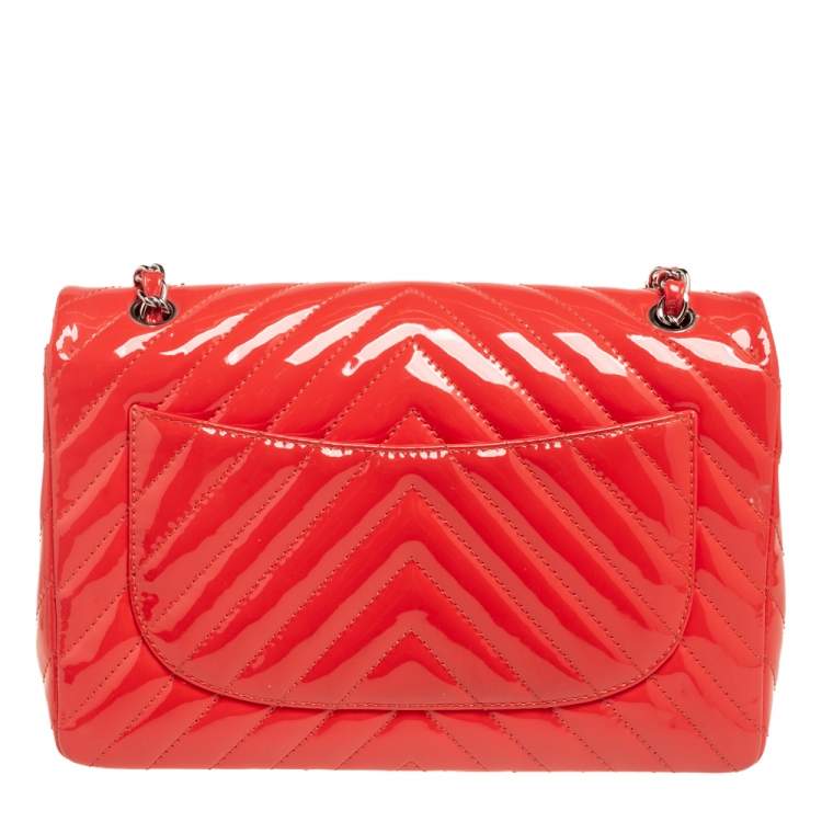 Pre Owned Chanel Coral Chevron Patent Leather Jumbo Classic Flap Bag