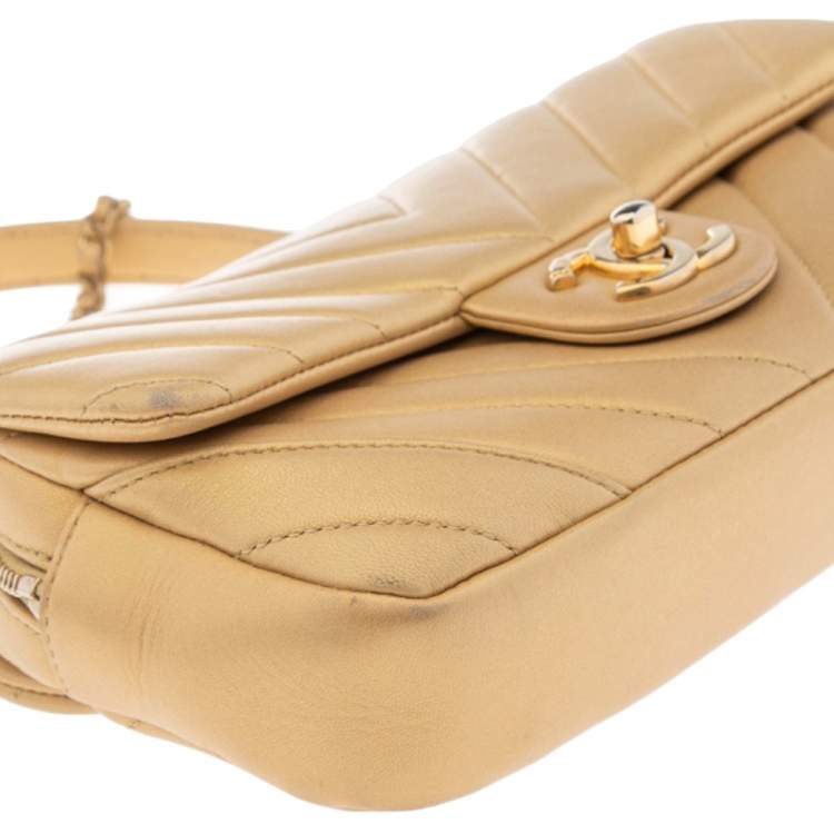 Pre Owned Chanel Gold Chevron Quilted Leather Medium Easy Flap Bag