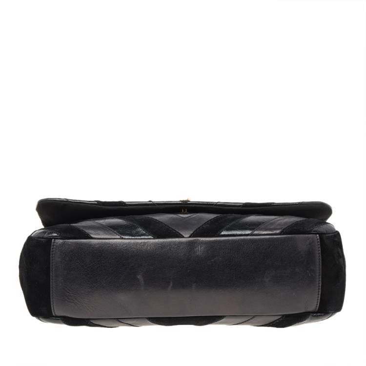 Pre Owned Chanel Black Chevron Suede And Leather Flap Bag