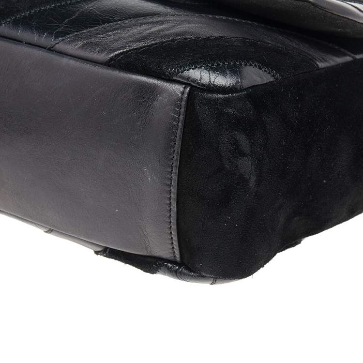 Pre Owned Chanel Black Chevron Suede And Leather Flap Bag
