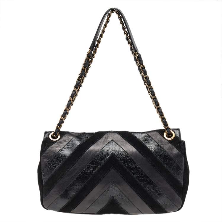 Pre Owned Chanel Black Chevron Suede And Leather Flap Bag