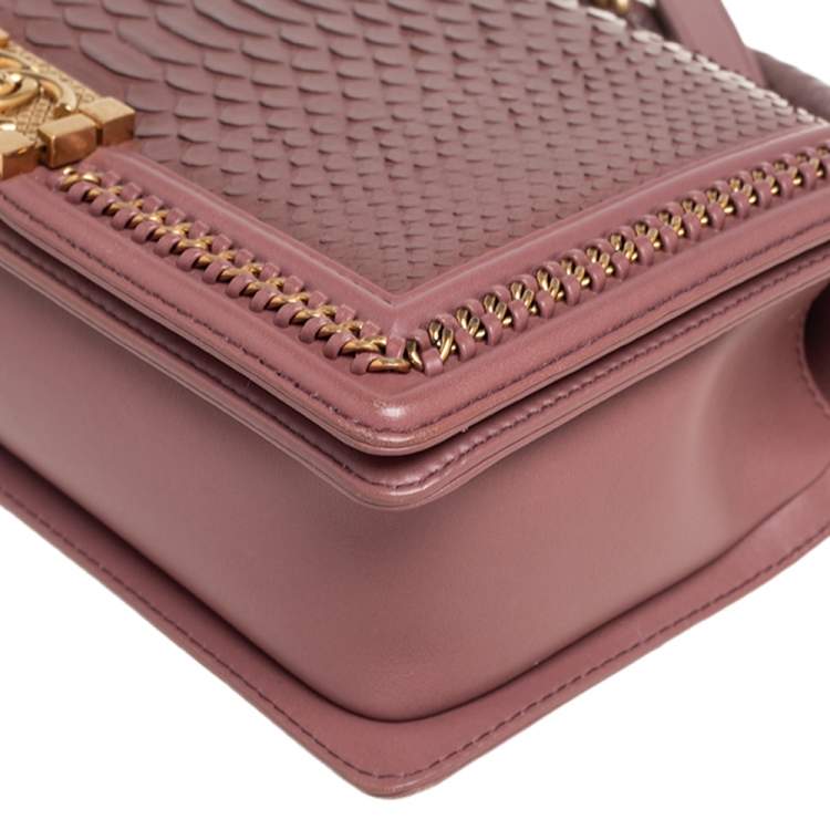 Pre Owned Chanel Old Rose Leather and Python Chain Around Boy Flap Bag