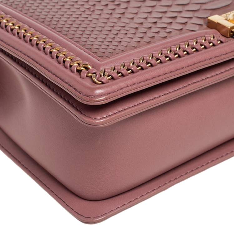 Pre Owned Chanel Old Rose Leather and Python Chain Around Boy Flap Bag