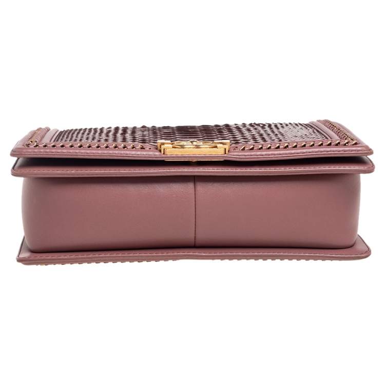 Pre Owned Chanel Old Rose Leather and Python Chain Around Boy Flap Bag