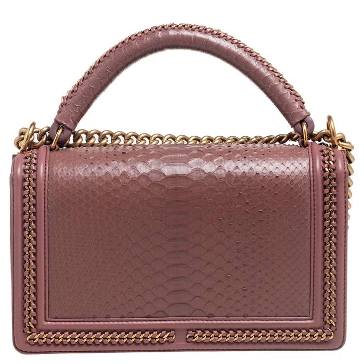 Pre Owned Chanel Old Rose Leather and Python Chain Around Boy Flap Bag