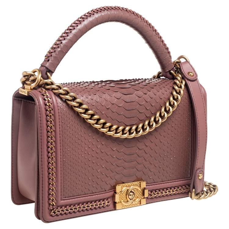 Pre Owned Chanel Old Rose Leather and Python Chain Around Boy Flap Bag