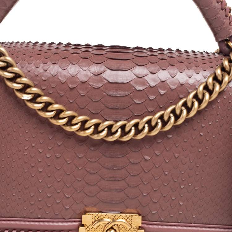 Pre Owned Chanel Old Rose Leather and Python Chain Around Boy Flap Bag