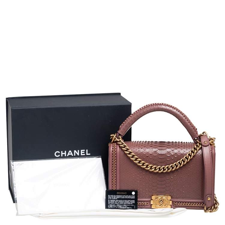 Pre Owned Chanel Old Rose Leather and Python Chain Around Boy Flap Bag