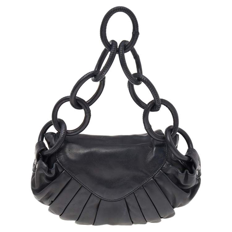 Pre Owned Chanel Black Leather Pleated Ring Handle CC Flap Bag