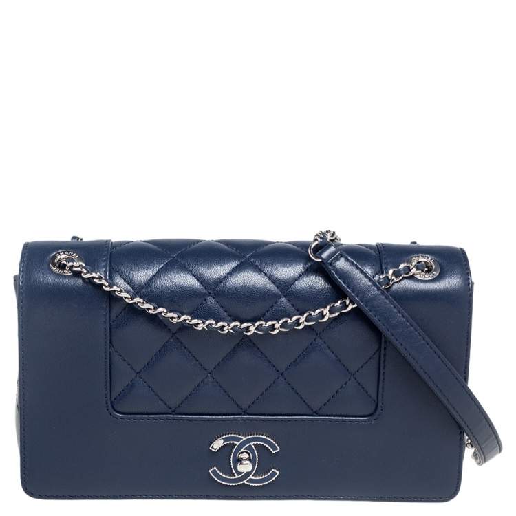 Chanel Navy Blue Chevron Leather Mademoiselle Wallet On Chain
