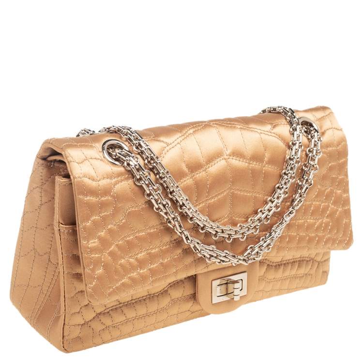 Pre Owned Chanel Gold Croc Embroidered Satin Reissue 225 Flap Bag