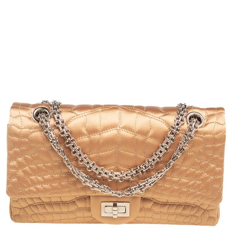 Pre Owned Chanel Gold Croc Embroidered Satin Reissue 225 Flap Bag