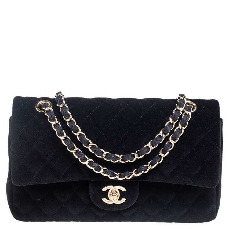 Chanel Black Quilted Velvet Medium Classic Double Flap Bag Chanel