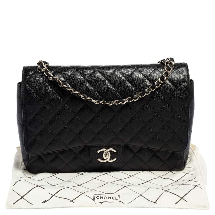 Pre Owned Chanel Black Quilted Caviar Leather Maxi Classic Double Flap Bag 