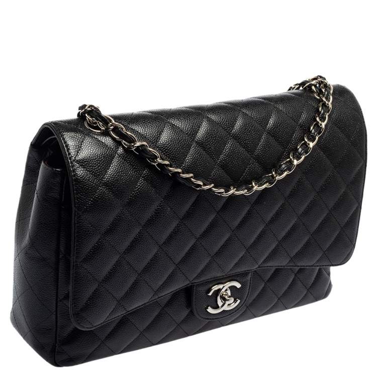 Pre Owned Chanel Black Quilted Caviar Leather Maxi Classic Double Flap Bag 
